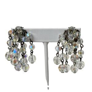 Aurora Borealis Dangle Earrings Vintage Faceted AB Beads Cascade Cluster Clip On